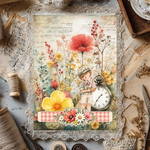 May include: A rectangular print featuring a watercolor illustration of a child holding a small sailboat, surrounded by wildflowers, a large pocket watch, and script text. A red and white checkered banner with floral accents sits at the bottom.