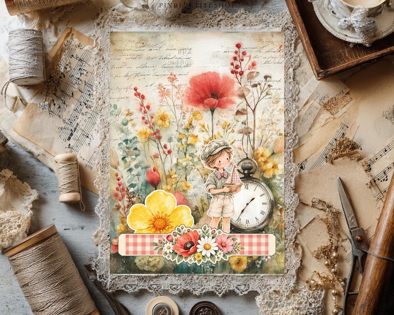 May include: A rectangular print featuring a watercolor illustration of a child holding a small sailboat, surrounded by wildflowers, a large pocket watch, and script text. A red and white checkered banner with floral accents sits at the bottom.