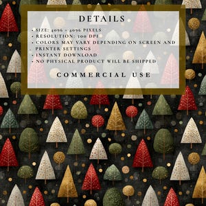 May include: Digital art featuring a repeating pattern of stylized trees in various colors, including red, green, gold, and white, set against a dark background with gold dots. The image includes text that says "DETAILS" and "COMMERCIAL USE".