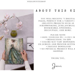 May include: A digital kit featuring 73 pages with a size of 2550x3300 px and 8.5x11 inches at 300 dpi. The image displays a print of a person in a green gown, alongside text detailing the kit contents, resolution, and download information.