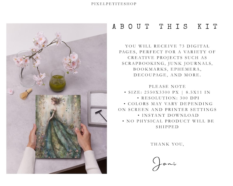 May include: A digital kit featuring 73 pages with a size of 2550x3300 px and 8.5x11 inches at 300 dpi. The image displays a print of a person in a green gown, alongside text detailing the kit contents, resolution, and download information.