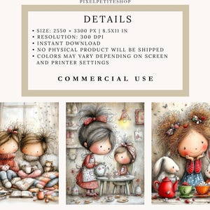 Puede incluir: Impresi&oacute;n de arte digital con tres ilustraciones caprichosas de ni&ntilde;os. La primera muestra a dos ni&ntilde;as leyendo, la segunda a una ni&ntilde;a sirviendo t&eacute; y la tercera a una ni&ntilde;a con conejos en una fiesta de t&eacute;. Tambi&eacute;n est&aacute; presente el texto "DETAILS" y "COMMERCIAL USE".