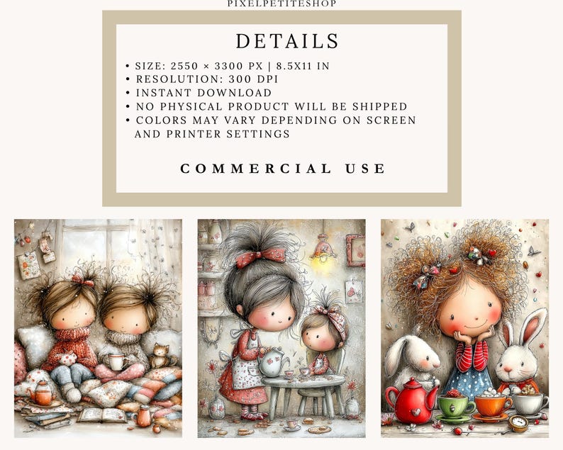 Puede incluir: Impresi&oacute;n de arte digital con tres ilustraciones caprichosas de ni&ntilde;os. La primera muestra a dos ni&ntilde;as leyendo, la segunda a una ni&ntilde;a sirviendo t&eacute; y la tercera a una ni&ntilde;a con conejos en una fiesta de t&eacute;. Tambi&eacute;n est&aacute; presente el texto "DETAILS" y "COMMERCIAL USE".