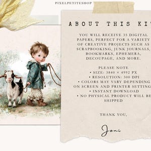 Op de afbeelding: Vintage digitale illustratie van een kind in een blauwe jas dat een geit aan een leiband leidt. De afbeelding heeft een zachte, aquarel stijl. De tekst luidt "About This Kit", met details over de inhoud van de digitale kit.