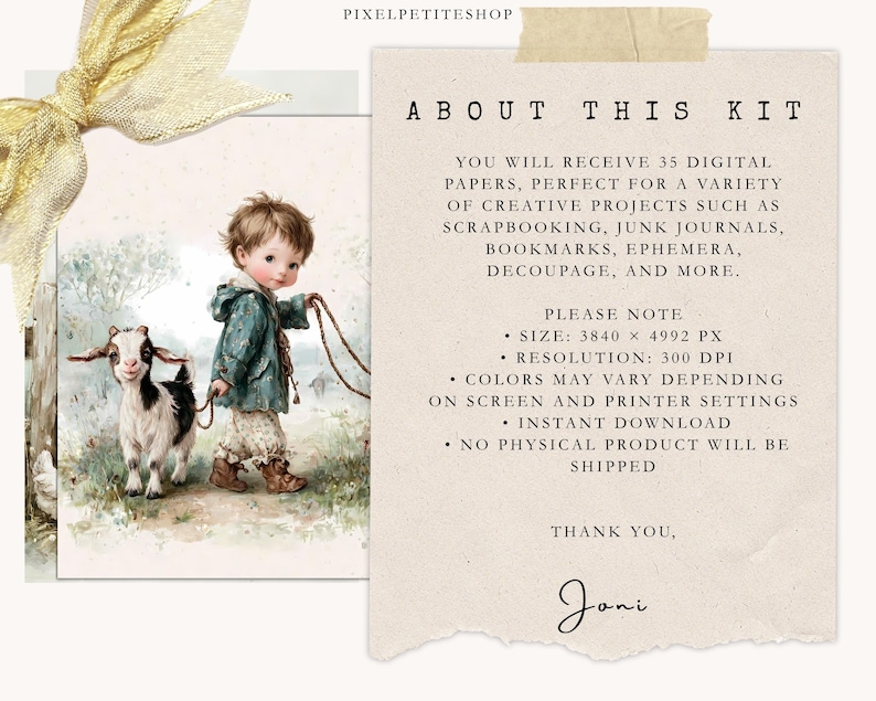 Op de afbeelding: Vintage digitale illustratie van een kind in een blauwe jas dat een geit aan een leiband leidt. De afbeelding heeft een zachte, aquarel stijl. De tekst luidt "About This Kit", met details over de inhoud van de digitale kit.