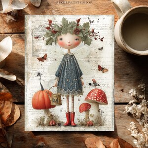 May include: A rectangular print featuring a whimsical fairy with a green leaf crown, translucent wings, and a blue dress. The fairy holds a small watering can next to a large orange pumpkin and two red-and-white spotted mushrooms on a script background.