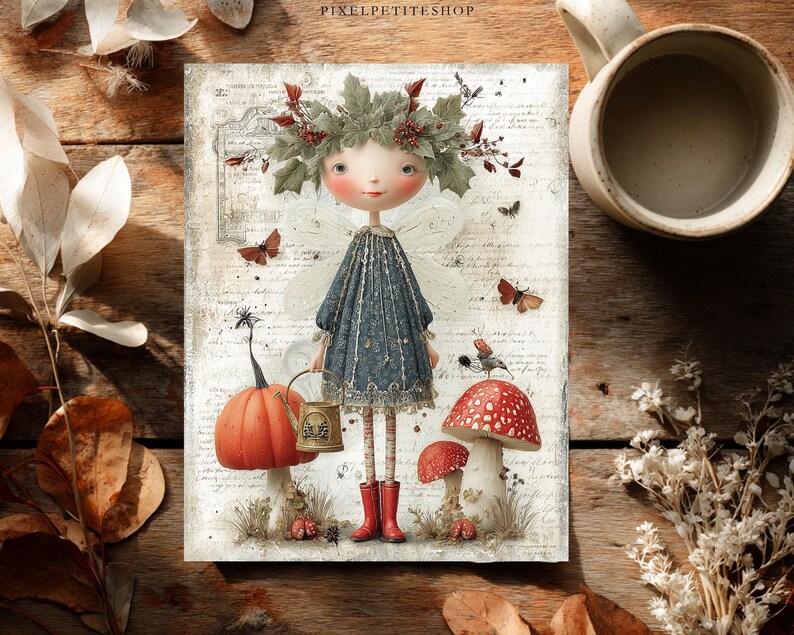 May include: A rectangular print featuring a whimsical fairy with a green leaf crown, translucent wings, and a blue dress. The fairy holds a small watering can next to a large orange pumpkin and two red-and-white spotted mushrooms on a script background.