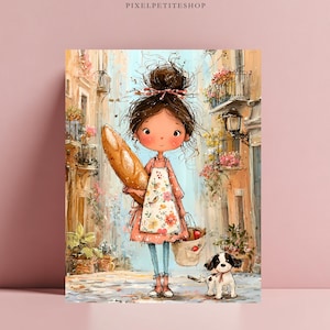 以下が含まれることがあります： お団子ヘアのキャラクターが花柄のエプロンとピンクのドレスを身にまとい、バゲットと小さなバッグを持っているデジタルイラスト。石畳の通りと建物を背景に、小さな白黒の犬がそばに立っている様子が描かれている。