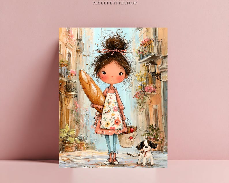 以下が含まれることがあります： お団子ヘアのキャラクターが花柄のエプロンとピンクのドレスを身にまとい、バゲットと小さなバッグを持っているデジタルイラスト。石畳の通りと建物を背景に、小さな白黒の犬がそばに立っている様子が描かれている。
