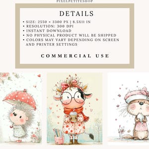 Peut inclure: Illustrations &agrave; l'aquarelle d'adorables animaux : un h&eacute;risson avec un parapluie &agrave; pois, une vache avec des lunettes tenant une tasse de caf&eacute; et une loutre. Les images sont dans des couleurs pastel douces, parfaites pour la d&eacute;coration de chambre d'enfant.