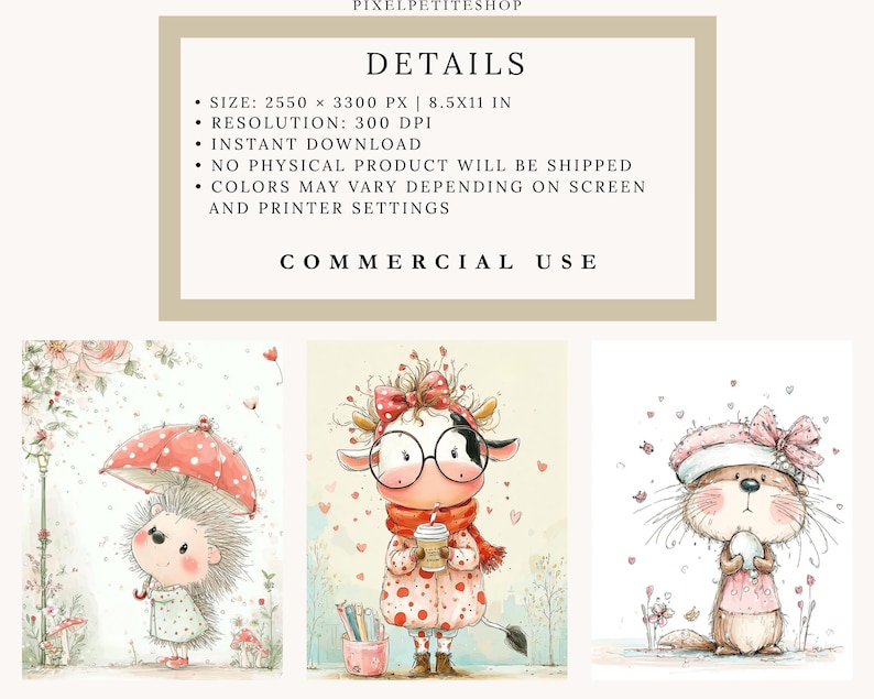 Peut inclure: Illustrations &agrave; l'aquarelle d'adorables animaux : un h&eacute;risson avec un parapluie &agrave; pois, une vache avec des lunettes tenant une tasse de caf&eacute; et une loutre. Les images sont dans des couleurs pastel douces, parfaites pour la d&eacute;coration de chambre d'enfant.