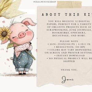 Peut inclure: Kit d'art num&eacute;rique avec une illustration de cochon tenant un tournesol. Le cochon porte une salopette bleue et une chemise &agrave; motifs. Le kit comprend 32 papiers num&eacute;riques pour des projets cr&eacute;atifs. Le texte "ABOUT THIS KIT" est &eacute;galement pr&eacute;sent.