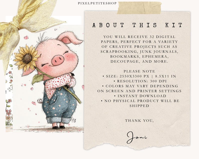 Peut inclure: Kit d'art num&eacute;rique avec une illustration de cochon tenant un tournesol. Le cochon porte une salopette bleue et une chemise &agrave; motifs. Le kit comprend 32 papiers num&eacute;riques pour des projets cr&eacute;atifs. Le texte "ABOUT THIS KIT" est &eacute;galement pr&eacute;sent.