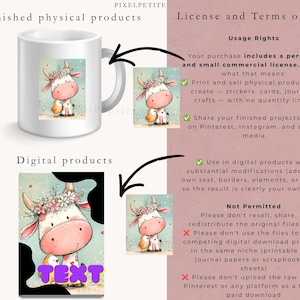Op de afbeelding: Een witte keramische mok met een cartoonkoe met een bloemenkrans en een kleine vogel, naast een digitale bestandsweergave. De tekst bevat Finished physical products, Digital products, License and Terms of Use en Usage Rights.