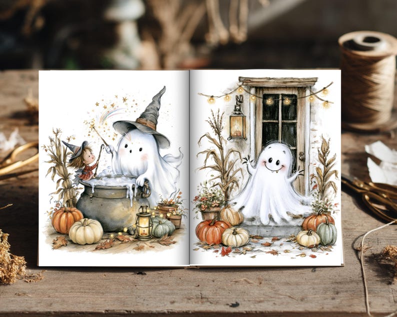 May include: An open book displaying two watercolor illustrations. The left page shows a small figure and a ghost in a witch hat stirring a cauldron with pumpkins nearby. The right page features a ghost standing before a doorway with pumpkins.