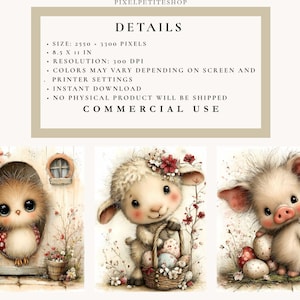 May include: Digital art print featuring three adorable animal illustrations. An owl peeks from a doorway, a lamb holds a basket of eggs, and a piglet stands near decorated eggs. The image includes the text "DETAILS" and "COMMERCIAL USE". The image size is 8.5 x 11 inches.