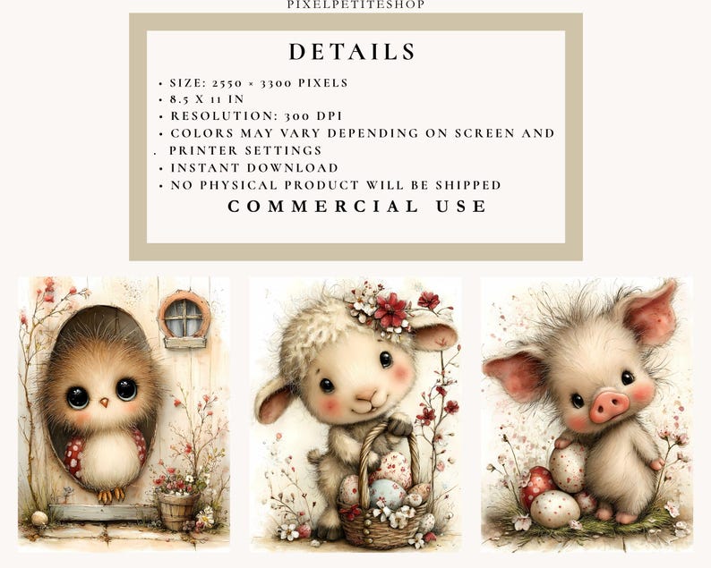 May include: Digital art print featuring three adorable animal illustrations. An owl peeks from a doorway, a lamb holds a basket of eggs, and a piglet stands near decorated eggs. The image includes the text "DETAILS" and "COMMERCIAL USE". The image size is 8.5 x 11 inches.