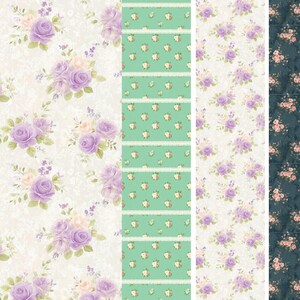 May include: A collection of floral patterned fabrics. The patterns include bouquets of purple roses and small pink flowers on a white, green, and dark blue background. The fabrics have a vintage, romantic aesthetic.