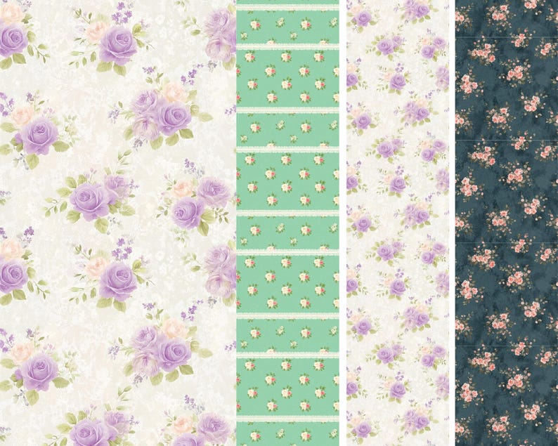 May include: A collection of floral patterned fabrics. The patterns include bouquets of purple roses and small pink flowers on a white, green, and dark blue background. The fabrics have a vintage, romantic aesthetic.