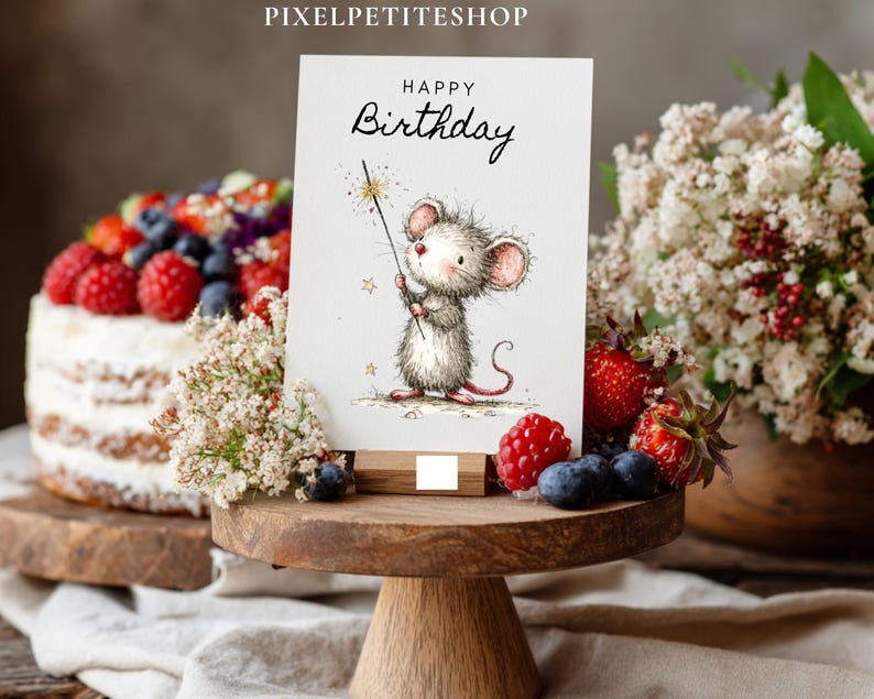 May include: A birthday card with a watercolor illustration of a mouse holding a sparkler, with the words "Happy Birthday" in elegant script. The card is displayed on a wooden stand, with a cake and berries in the background.