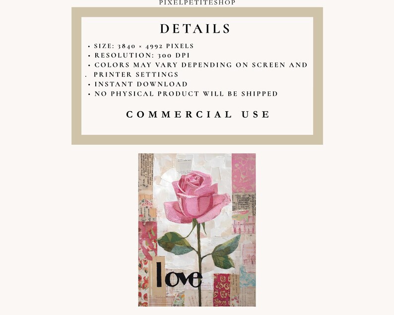 May include: A digital art print featuring a pink rose with green leaves and the word "love" at the bottom. The background is a collage of pink and white textures. The image is labeled "Commercial Use".