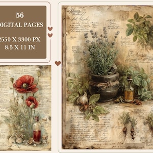 May include: Digital art print with botanical illustrations. The artwork includes images of herbs, flowers, and a small bottle of oil. The text on the image reads "56 Digital Pages, 2550 x 3300 px, 21.6 x 27.9 cm."