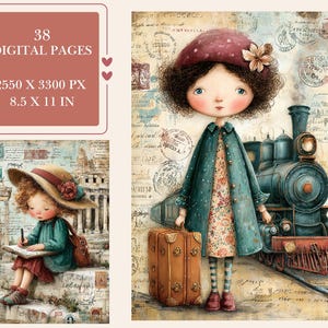 Digitala sidor med vintage-reseflickor | Skräppost- och scrapbookingutskrifter (digital nedladdning)