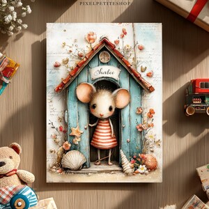 May include: A whimsical illustration of a mouse in a striped dress standing in a blue house with the name "Shabee" above the door. The artwork is surrounded by flowers, seashells, and a starfish. A teddy bear, toy train, and wrapped gift are also present.