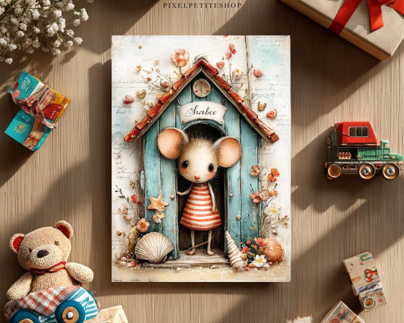 May include: A whimsical illustration of a mouse in a striped dress standing in a blue house with the name "Shabee" above the door. The artwork is surrounded by flowers, seashells, and a starfish. A teddy bear, toy train, and wrapped gift are also present.