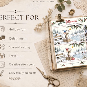 May include: A printed activity page titled Spot the Differences featuring two winter scenes with a mouse reaching for a star. The page includes text such as Look carefully at the two pictures. Find exactly 5 differences and There are 5 differences to find.