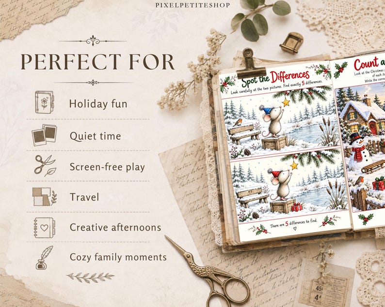 May include: A printed activity page titled Spot the Differences featuring two winter scenes with a mouse reaching for a star. The page includes text such as Look carefully at the two pictures. Find exactly 5 differences and There are 5 differences to find.