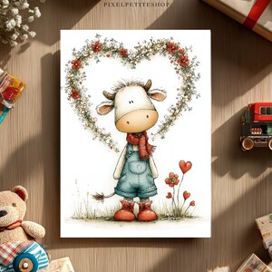 May include: A charming illustration of a cartoon cow in dungarees and a scarf, under a floral heart. The cow has a white face, brown eyes, and red boots. The background features grass, flowers, and floating hearts.