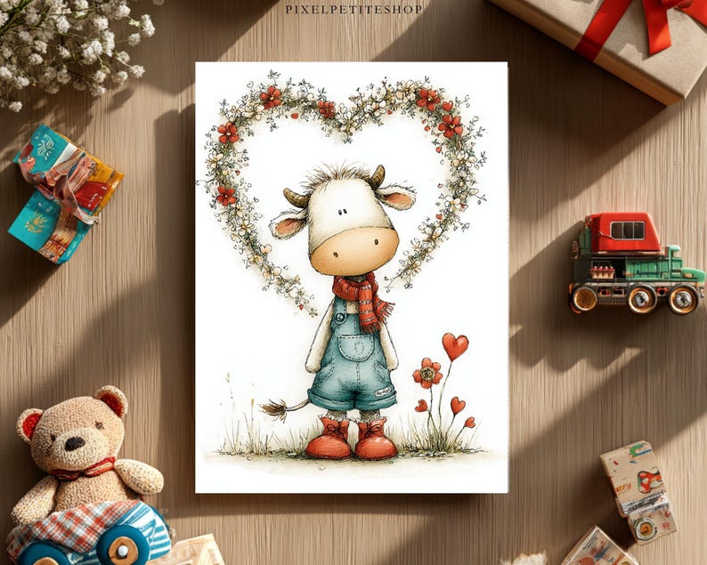 May include: A charming illustration of a cartoon cow in dungarees and a scarf, under a floral heart. The cow has a white face, brown eyes, and red boots. The background features grass, flowers, and floating hearts.
