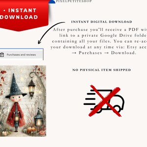 May include: A digital download listing featuring an illustration of a small character in a dark blue star-patterned hat and red cloak holding a lantern, surrounded by autumn trees, lanterns, and pumpkins. Text includes INSTANT DOWNLOAD.