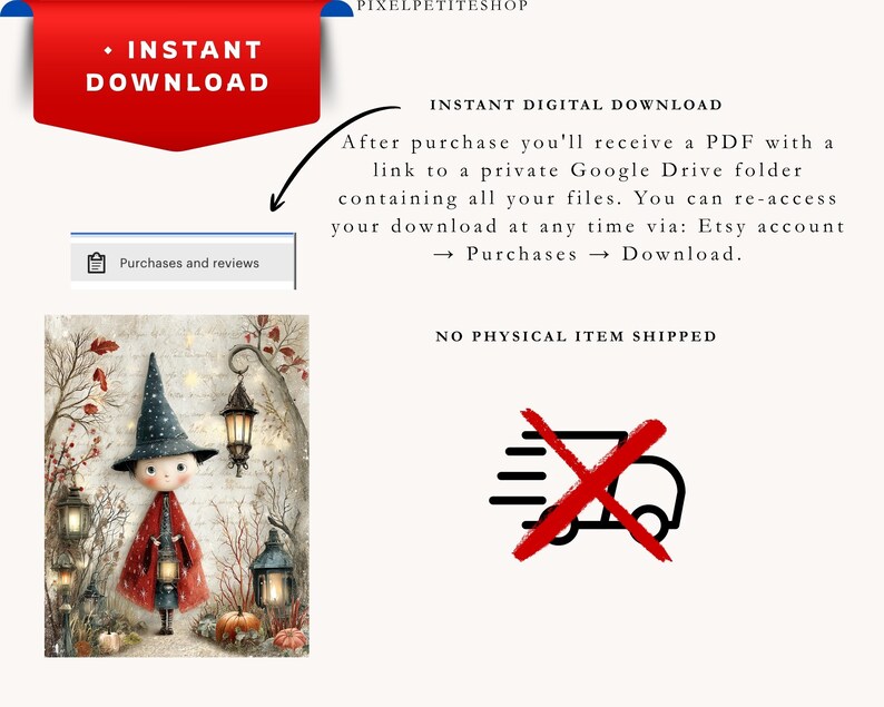 May include: A digital download listing featuring an illustration of a small character in a dark blue star-patterned hat and red cloak holding a lantern, surrounded by autumn trees, lanterns, and pumpkins. Text includes INSTANT DOWNLOAD.