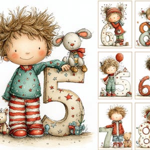 Pu&ograve; includere: Illustrazioni ad acquerello di bambini con i numeri 5, 6, 7 e 8, e un bambino con il numero 5. I bambini indossano abiti invernali e tengono animali di peluche. I numeri sono decorati con stelle e elementi festivi.