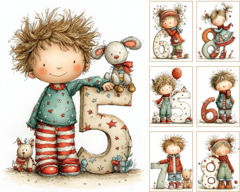 Pu&ograve; includere: Illustrazioni ad acquerello di bambini con i numeri 5, 6, 7 e 8, e un bambino con il numero 5. I bambini indossano abiti invernali e tengono animali di peluche. I numeri sono decorati con stelle e elementi festivi.