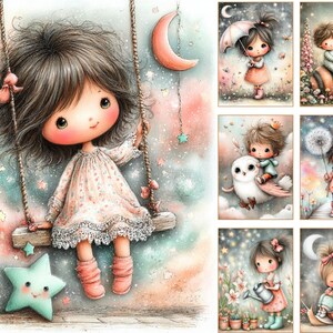May include: Watercolor illustrations of whimsical children in a dreamy setting. One image shows a girl on a swing with a star, moon, and stars. Other images feature children with an umbrella, on a bee, with an owl, and with a dandelion.