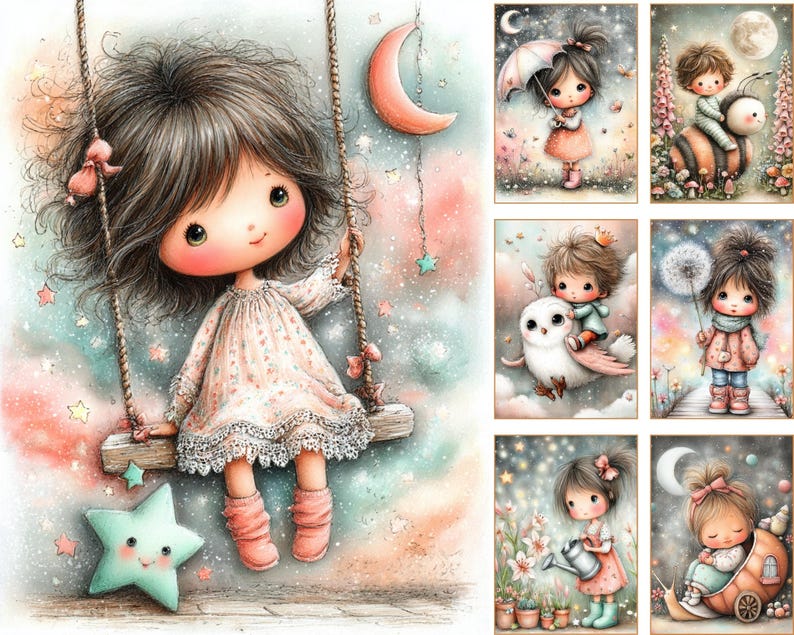 May include: Watercolor illustrations of whimsical children in a dreamy setting. One image shows a girl on a swing with a star, moon, and stars. Other images feature children with an umbrella, on a bee, with an owl, and with a dandelion.
