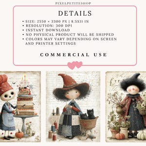 May include: A digital download set featuring three illustrations: a skeleton chef with a cake, a witch knitting with two black kittens, and a figure holding flowers with a black cat. Text includes PIXELPETITESHOP, DETAILS, SIZE: 2550 x 3300 PX | 8.5X11 IN, RESOLUTION: 300 DPI, INSTANT DOWNLOAD, NO PHYSICAL PRODUCT WILL BE SHIPPED, COLORS MAY VARY DEPENDING ON SCREEN AND PRINTER SETTINGS, COMMERCIAL USE.