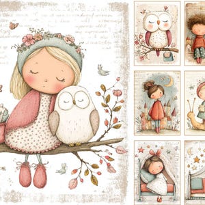 May include: A collection of whimsical illustrations featuring children and animals. The images include a girl with an owl, an owl on a branch, and children in various scenes. Soft colors and a vintage style create a charming aesthetic.