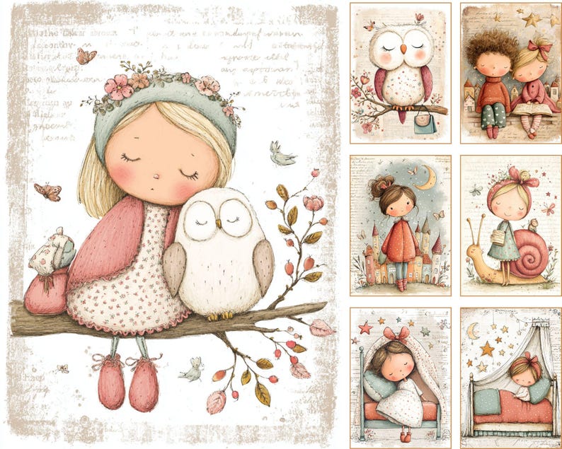 May include: A collection of whimsical illustrations featuring children and animals. The images include a girl with an owl, an owl on a branch, and children in various scenes. Soft colors and a vintage style create a charming aesthetic.