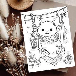May include: A black and white coloring page featuring a small creature with large ears resting in a hammock. The creature wears a ruffled collar and holds a lantern. String lights hang above, and roses are drawn at the bottom of the page.