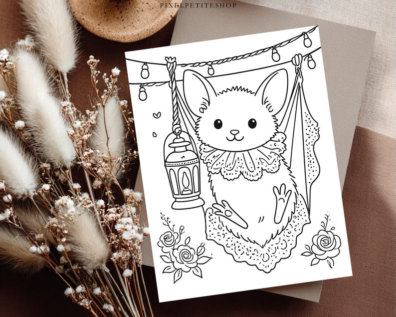 May include: A black and white coloring page featuring a small creature with large ears resting in a hammock. The creature wears a ruffled collar and holds a lantern. String lights hang above, and roses are drawn at the bottom of the page.