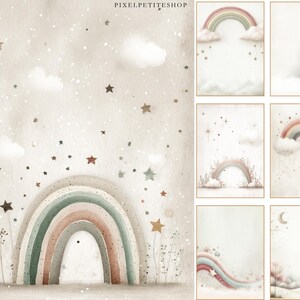 May include: Watercolor illustrations featuring pastel rainbows, stars, and clouds. The images have a soft, dreamy aesthetic, with a neutral color palette. The text "PIXELPETITESHOP" is visible at the top. The collection includes various compositions with celestial and whimsical themes.