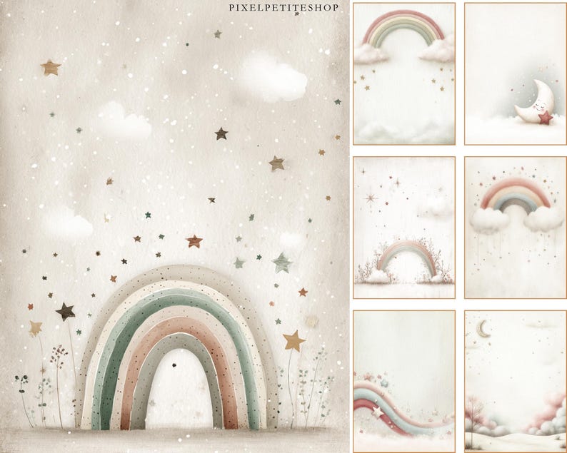 May include: Watercolor illustrations featuring pastel rainbows, stars, and clouds. The images have a soft, dreamy aesthetic, with a neutral color palette. The text "PIXELPETITESHOP" is visible at the top. The collection includes various compositions with celestial and whimsical themes.