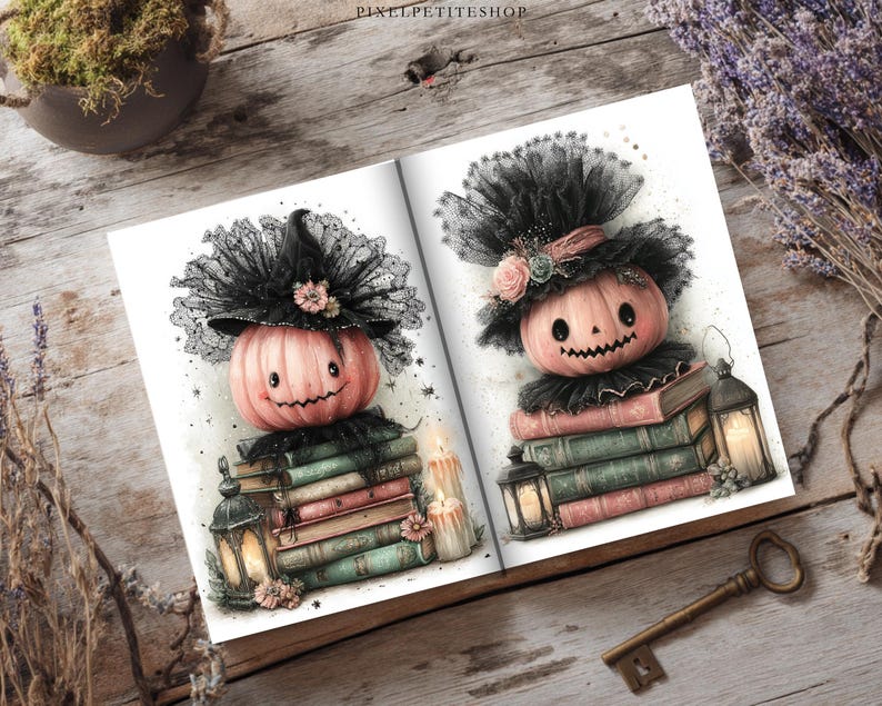 May include: Two illustrations of a pink pumpkin wearing a black lace witch hat, perched atop a stack of vintage books. Each scene includes a glowing lantern and lit candles, rendered in a soft watercolor style with delicate black lace details.