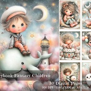 May include: Watercolor illustrations of storybook fantasy children. The image features a boy on a whale, a lighthouse, and other children in whimsical scenes. The text on the image reads "Storybook Fantasy Children" and "30 Digital Pages". The image dimensions are 8.5 x 11 inches.