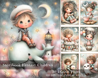 May include: Watercolor illustrations of storybook fantasy children. The image features a boy on a whale, a lighthouse, and other children in whimsical scenes. The text on the image reads "Storybook Fantasy Children" and "30 Digital Pages". The image dimensions are 8.5 x 11 inches.