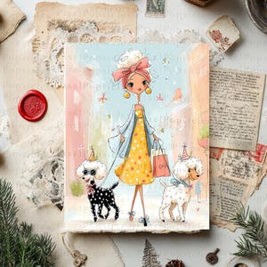 May include: A digital illustration of a stylized character with a pink headband and yellow dress holding shopping bags, walking two poodles. One poodle is black with white polka dots and the other is white, both wearing party hats and bows.